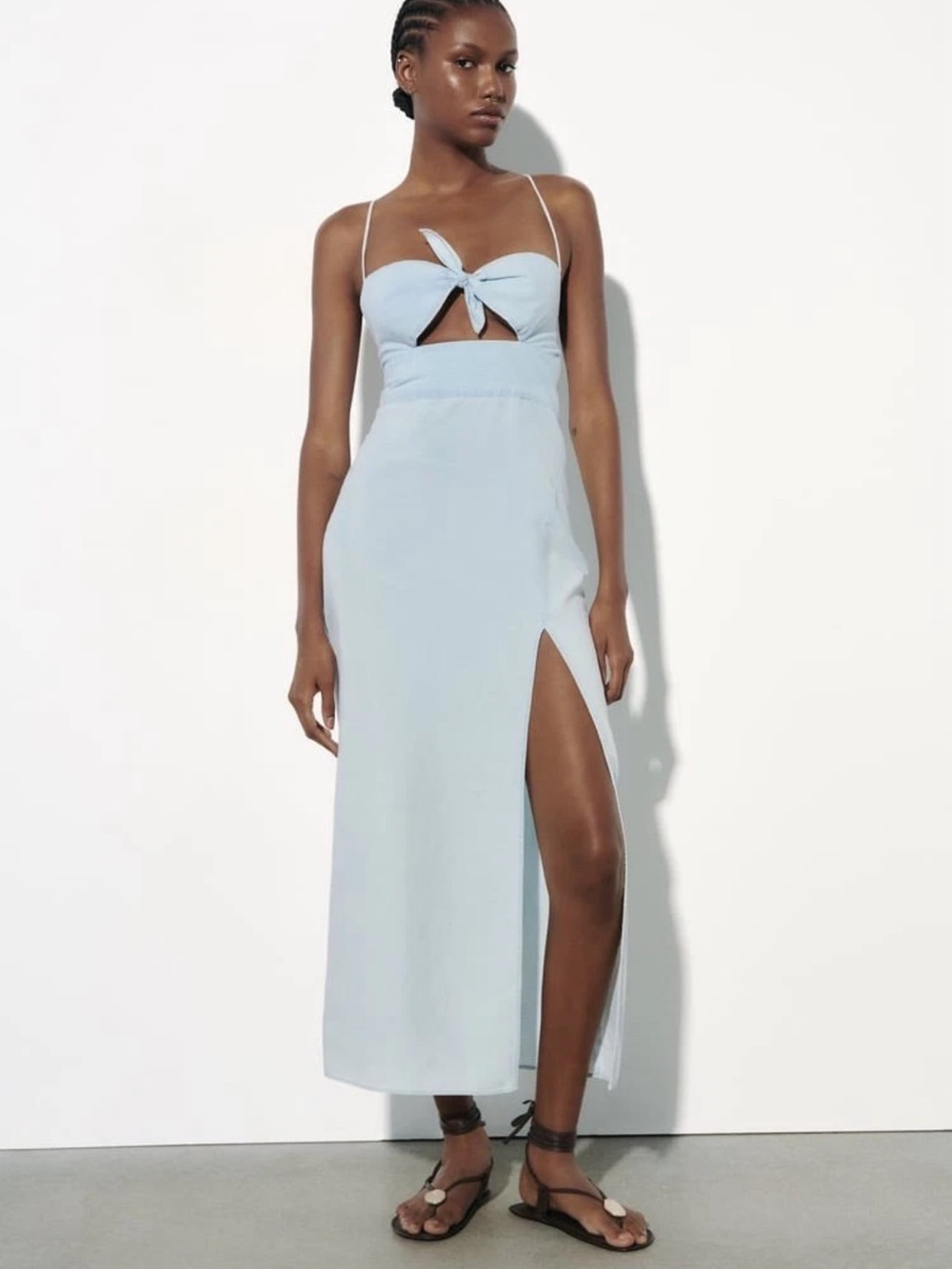 Zara Light Blue Midi Dress with Tie-Front and High Slit
